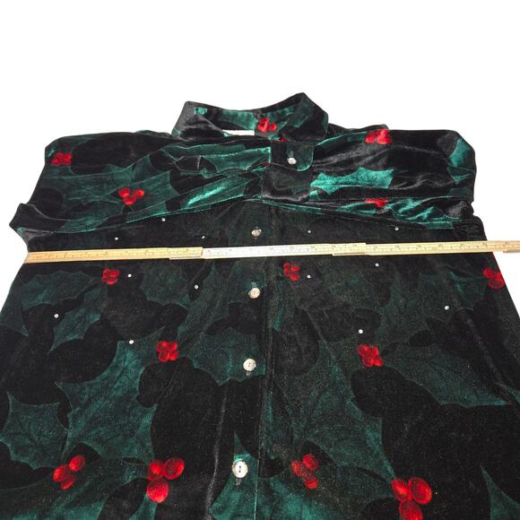 Quacker Factory Holiday Velvet Shirt Womens L Holly Berry Rhinestone Top Festive - Picture 9 of 12